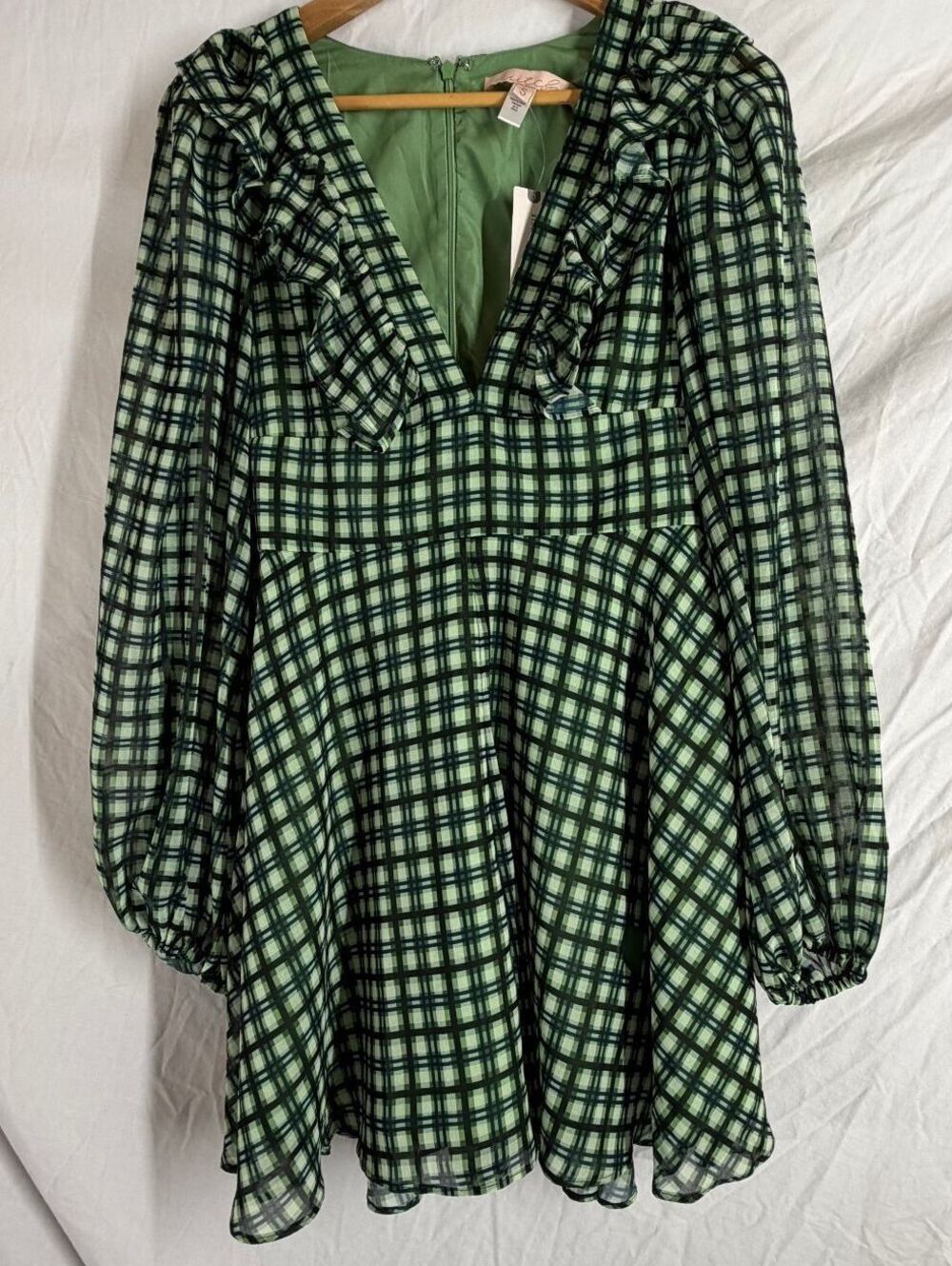 Anthropologie Hutch Green Plaid Ruffle V-Neck Balloon Sleeve Short Romper S